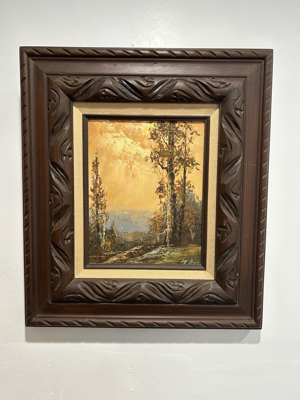 Vintage 20th century landscape oil painting Fall Forest Brown Curved Wood Framed